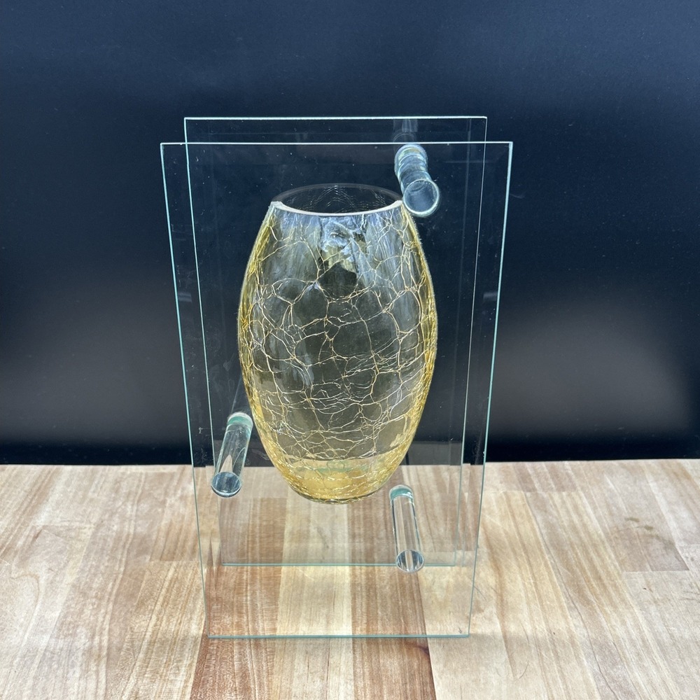 Golden Crackle Vase Planter Semi Encased In Clear Glass 11x6